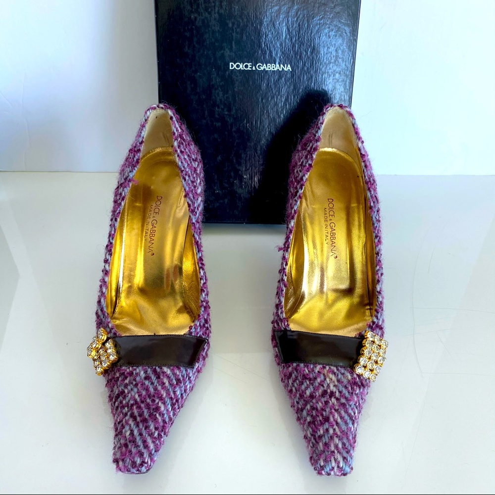 DOLCE & GABBANA—Purple Herringbone Tweed Heels w/ Gold Crystals, Sz 8 (EU 38)